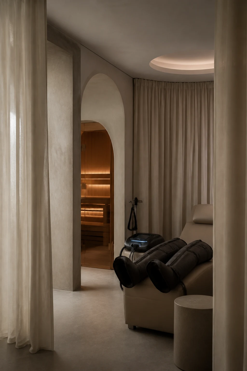 Private wellness recovery suite with sauna and recovery boots